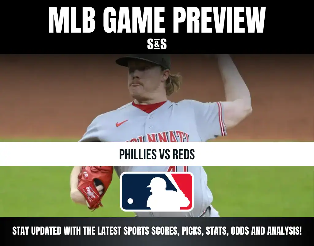 MLB Game Preview featuring a matchup between the Phillies and Reds, with a pitcher from the Cincinnati Reds.