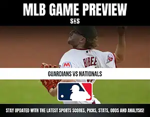 MLB game preview featuring a player from the Guardians and announcing a matchup against the Nationals, along with a call to stay updated with sports scores, picks, stats, odds, and analysis.