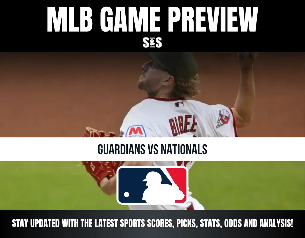 MLB game preview featuring a player from the Guardians and announcing a matchup against the Nationals, along with a call to stay updated with sports scores, picks, stats, odds, and analysis.