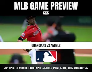 MLB GAME PREVIEW featuring GUARDIANS vs ANGELS with a graphic showcasing a baseball pitcher in action.