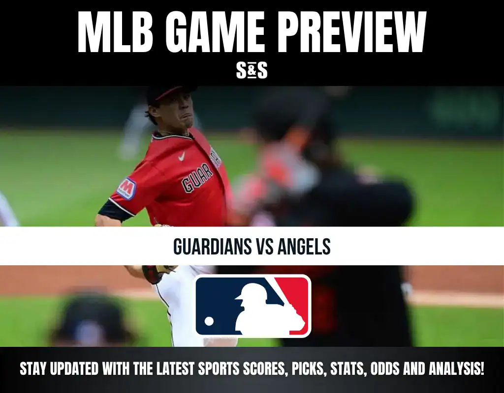 MLB GAME PREVIEW featuring GUARDIANS vs ANGELS with a graphic showcasing a baseball pitcher in action.