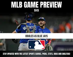 MLB game preview for Orioles vs Blue Jays, featuring players celebrating and the MLB logo.
