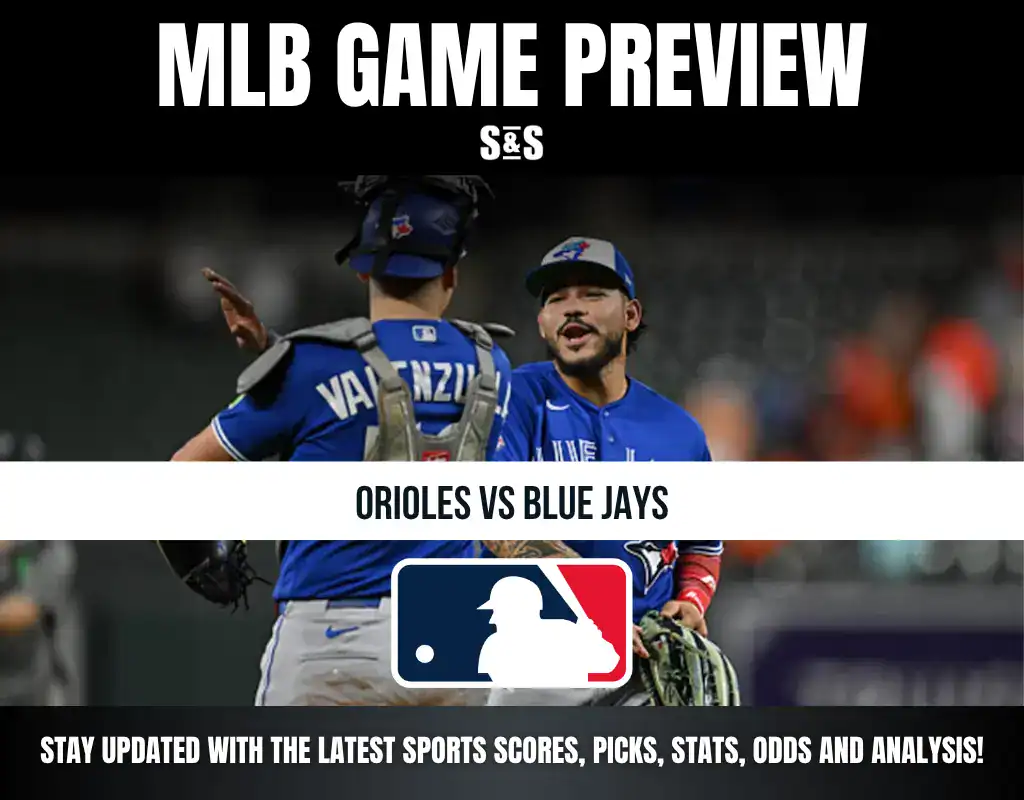 MLB game preview for Orioles vs Blue Jays, featuring players celebrating and the MLB logo.