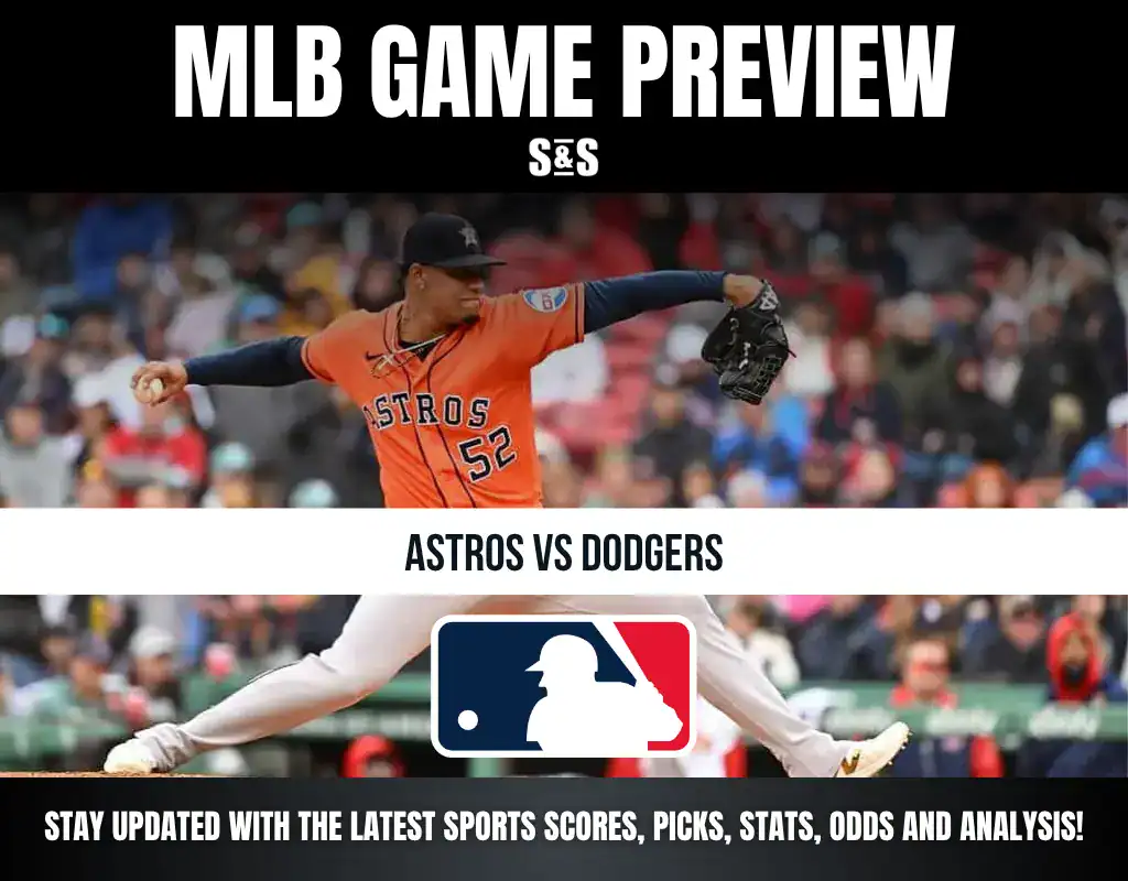 MLB Game Preview featuring the matchup between the Astros and Dodgers, with a pitcher in action.