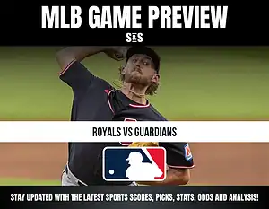 MLB game preview for Royals vs Guardians, featuring a player in a baseball uniform preparing to pitch.