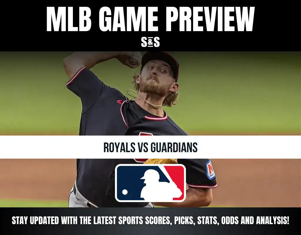 MLB game preview for Royals vs Guardians, featuring a player in a baseball uniform preparing to pitch.