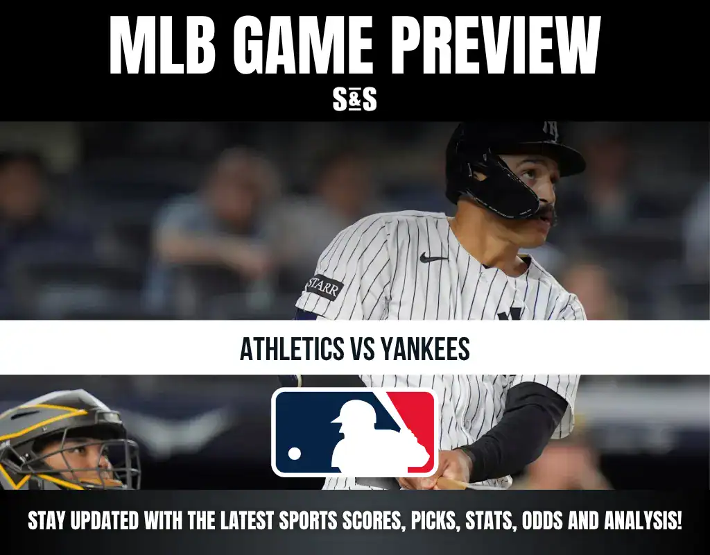 MLB Game Preview with a matchup between Athletics and Yankees, featuring a player in action.
