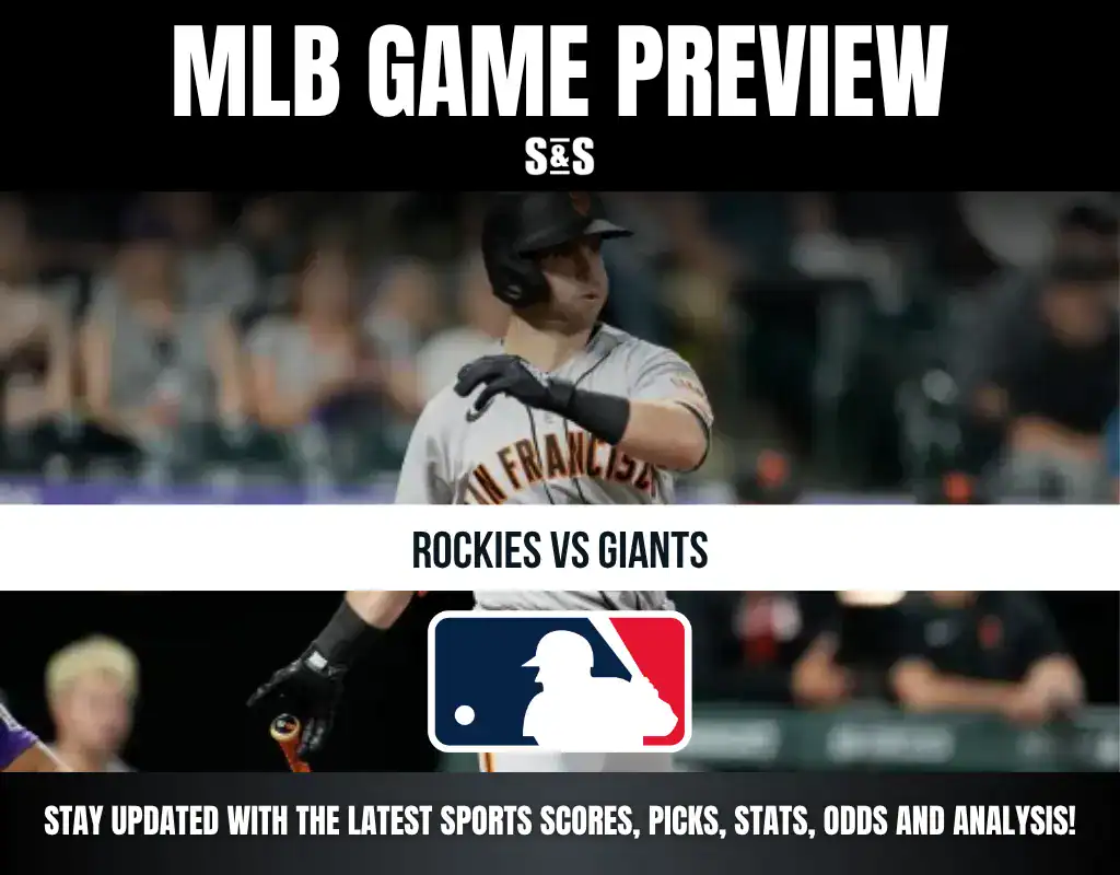 MLB Game Preview featuring Rockies vs. Giants with a logo of Major League Baseball (MLB) and a call to stay updated with the latest sports scores, picks, stats, odds, and analysis.