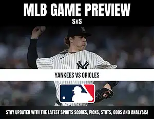 MLB Game Preview featuring a player from the New York Yankees pitching, with text indicating a matchup against the Baltimore Orioles and a call to stay updated with sports scores and analysis.