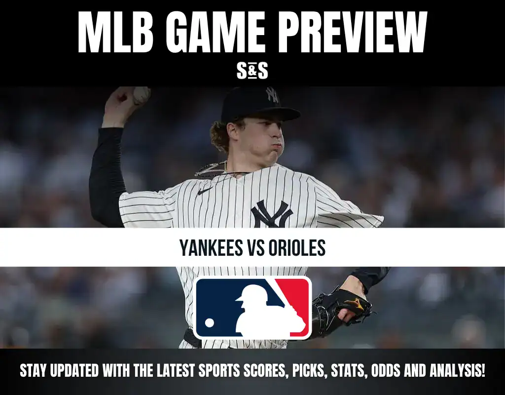MLB Game Preview featuring a player from the New York Yankees pitching, with text indicating a matchup against the Baltimore Orioles and a call to stay updated with sports scores and analysis.