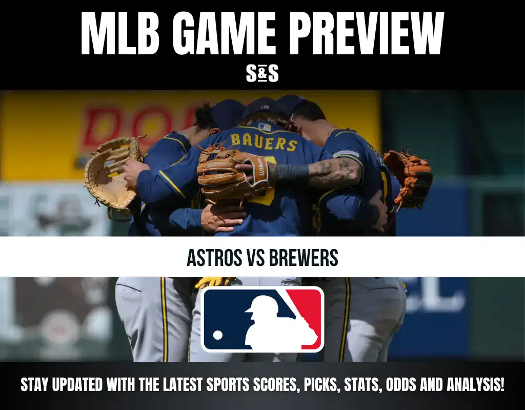 MLB Game Preview for Astros vs Brewers with a group of players huddling together.