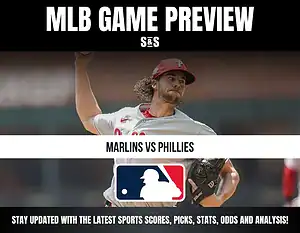 MLB Game Preview featuring Marlins vs Phillies with a pitcher in action and the MLB logo.