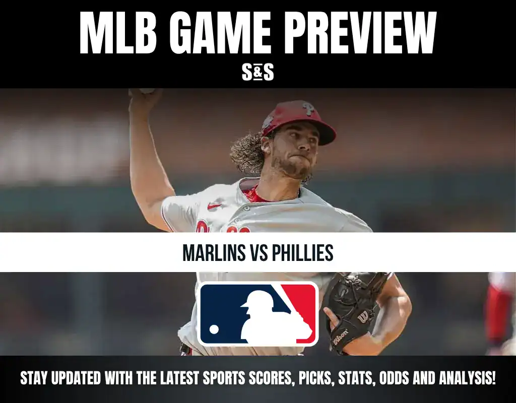 MLB Game Preview featuring Marlins vs Phillies with a pitcher in action and the MLB logo.