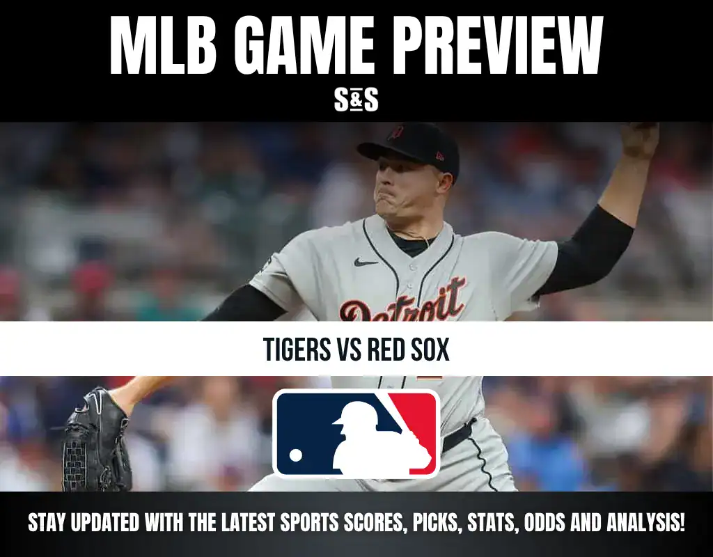 MLB Game Preview featuring a matchup between the Tigers and Red Sox, with a reminder to stay updated with the latest sports scores, picks, stats, odds, and analysis.
