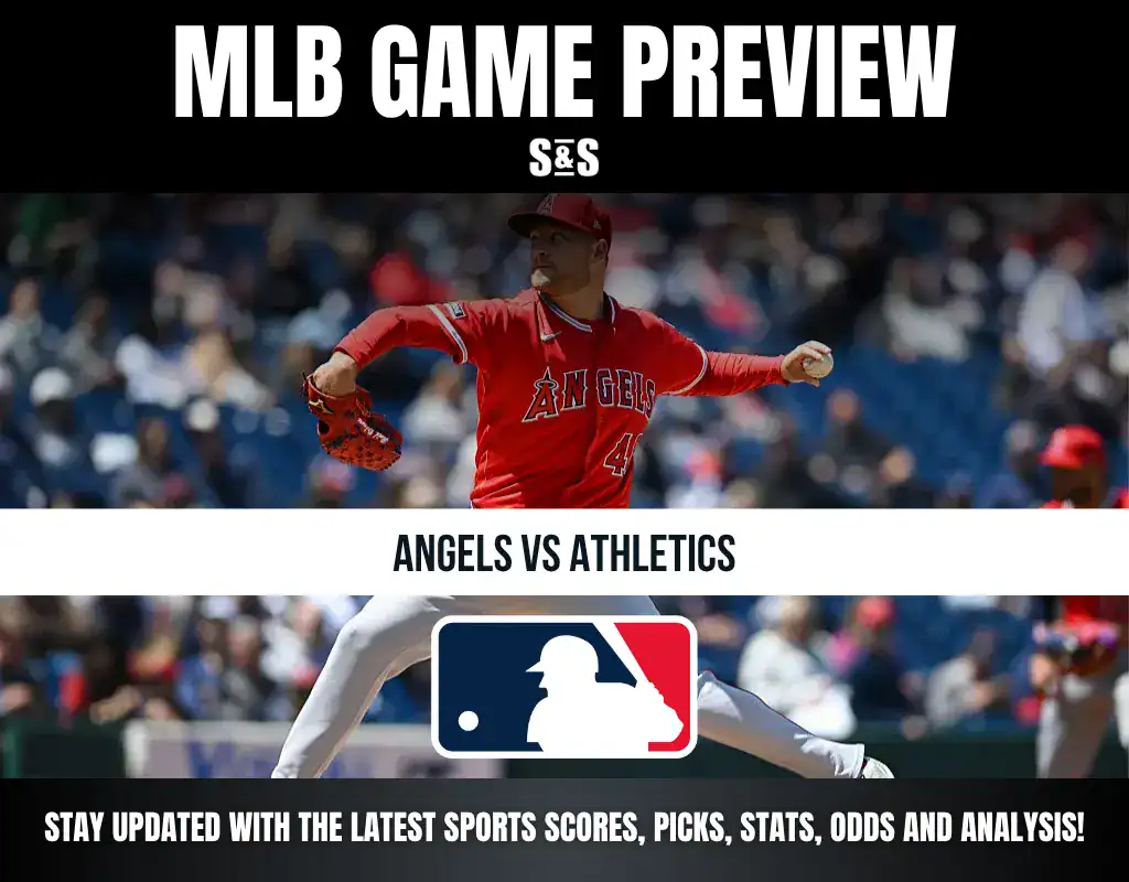 MLB Game Preview featuring Angels vs Athletics with a player from the Angels team in action on the field. The text encourages staying updated with sports scores, picks, stats, odds, and analysis.