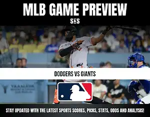 MLB Game Preview featuring Dodgers vs Giants with a background image of a player batting.