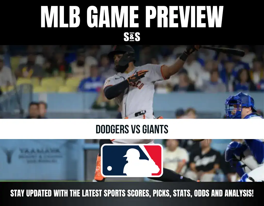 MLB Game Preview featuring Dodgers vs Giants with a background image of a player batting.
