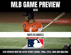 MLB Game Preview featuring the matchup between the Rays and Angels, with a player in an orange uniform swinging a bat.