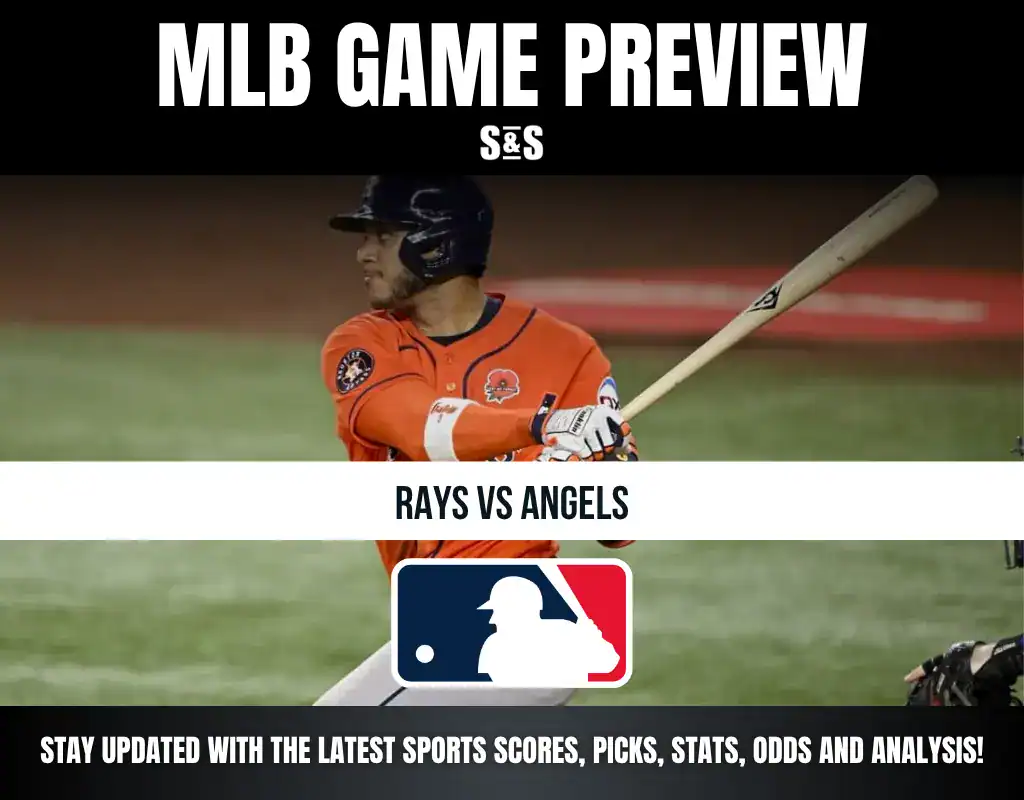MLB Game Preview featuring the matchup between the Rays and Angels, with a player in an orange uniform swinging a bat.