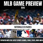 MLB Game Preview with a player in a Padres uniform and text indicating a matchup between the Nationals and Padres.