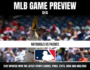 MLB Game Preview with a player in a Padres uniform and text indicating a matchup between the Nationals and Padres.