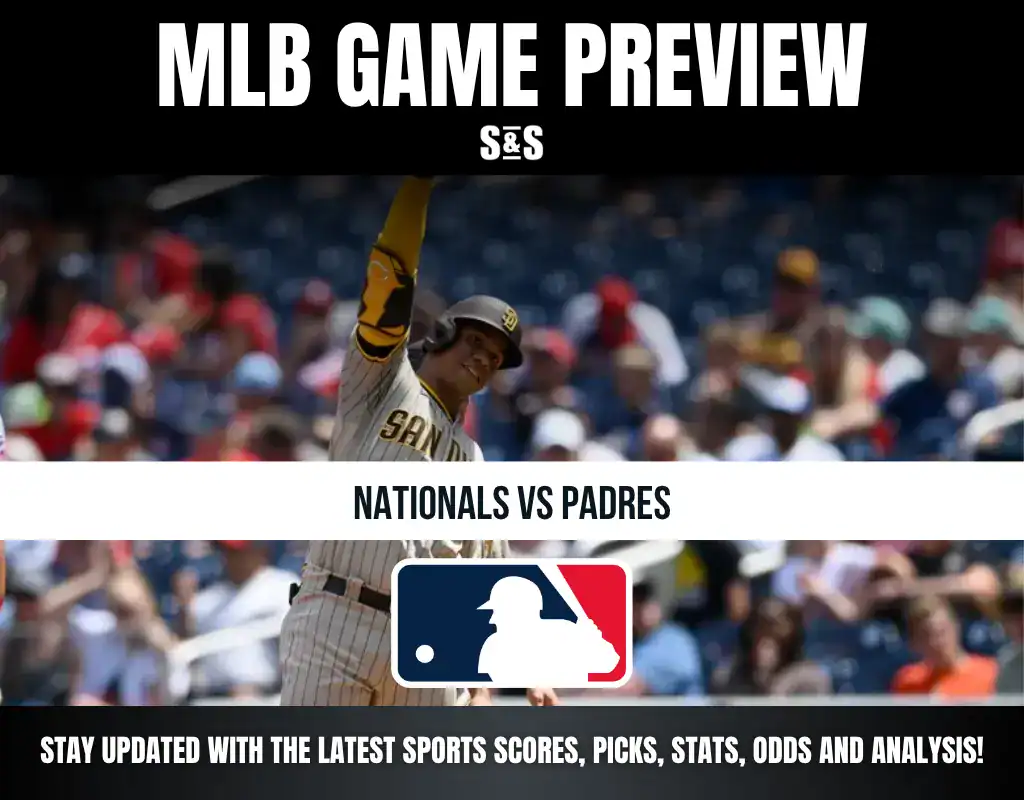 MLB Game Preview with a player in a Padres uniform and text indicating a matchup between the Nationals and Padres.