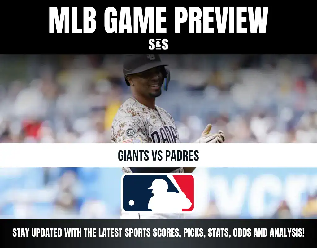 MLB Game Preview featuring Giants vs Padres with a background image of a player.