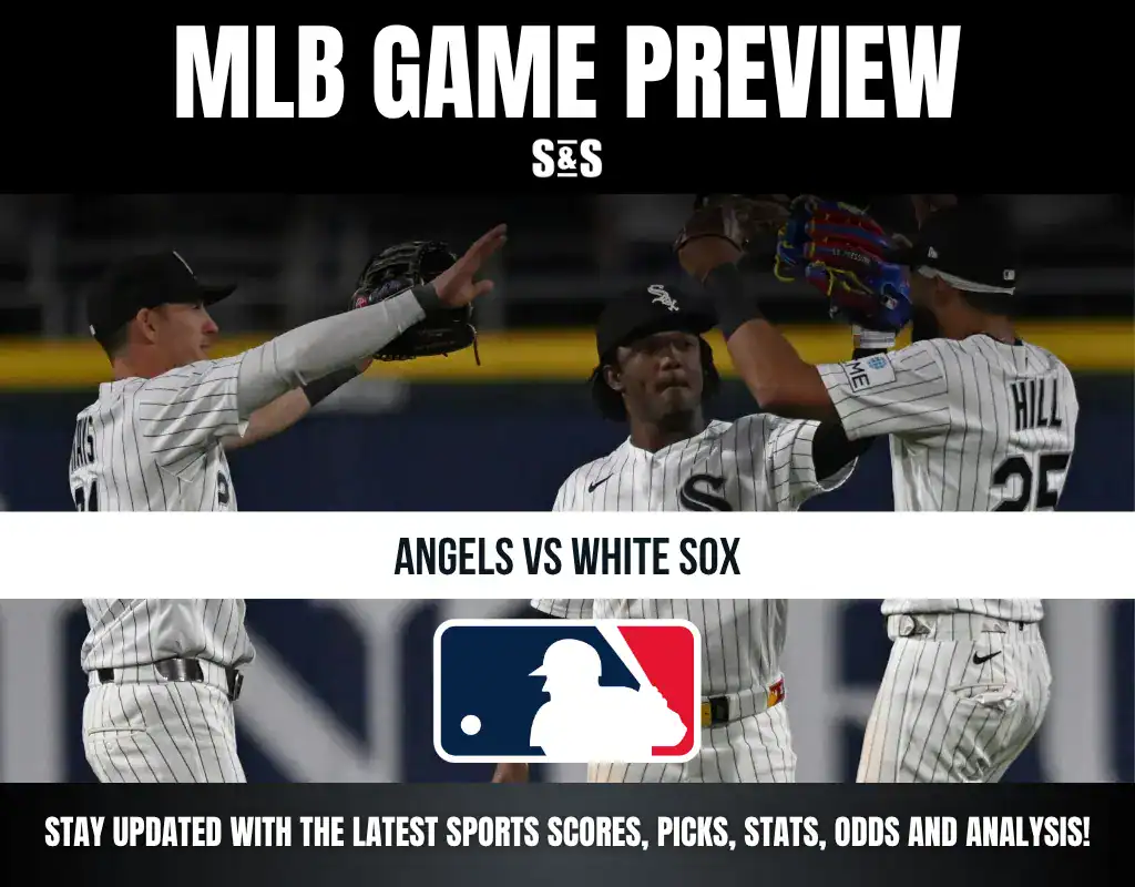 MLB Game Preview featuring Angels vs White Sox, with players celebrating.