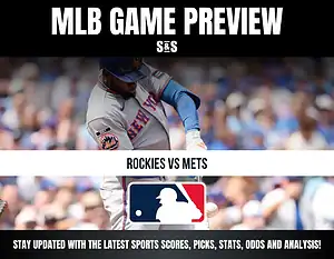 MLB Game Preview featuring the Rockies vs Mets with a background image of a player in action and the MLB logo displayed.