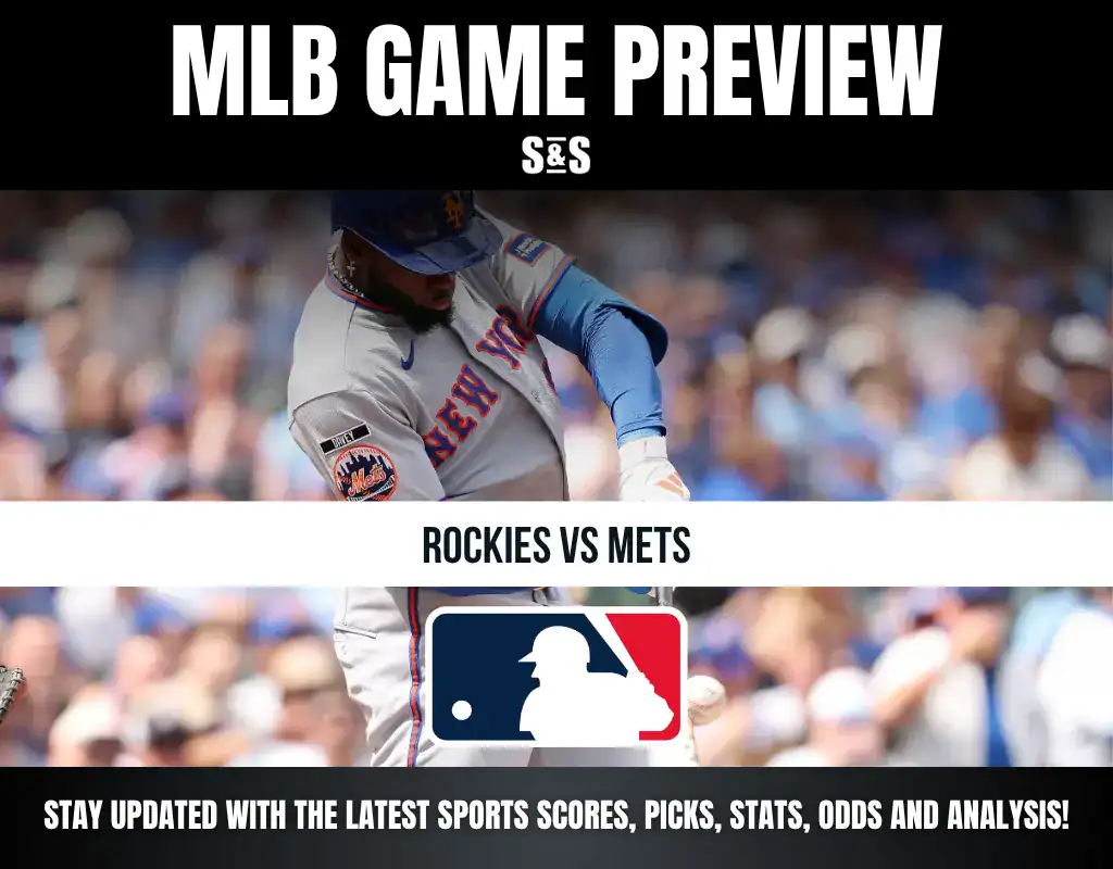 MLB Game Preview featuring the Rockies vs Mets with a background image of a player in action and the MLB logo displayed.