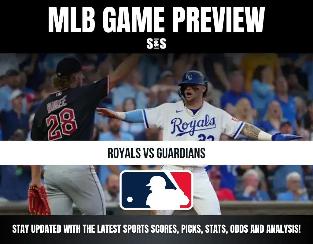MLB Game Preview featuring a matchup between the Royals and Guardians, with visuals of players celebrating and a logo for Major League Baseball.