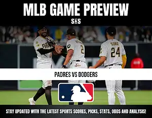 MLB Game Preview featuring Padres vs Dodgers with a graphic showing players and the MLB logo.