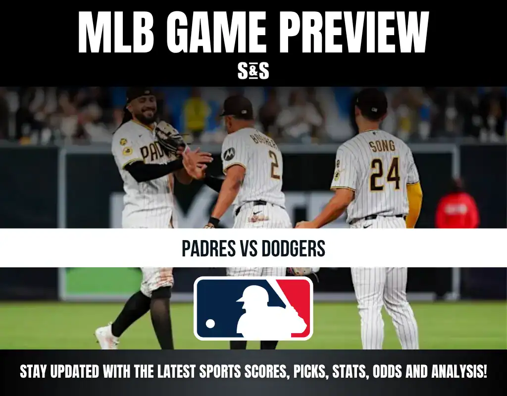 MLB Game Preview featuring Padres vs Dodgers with a graphic showing players and the MLB logo.