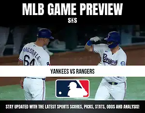 MLB Game Preview for Yankees vs Rangers with a logo of Major League Baseball at the bottom.
