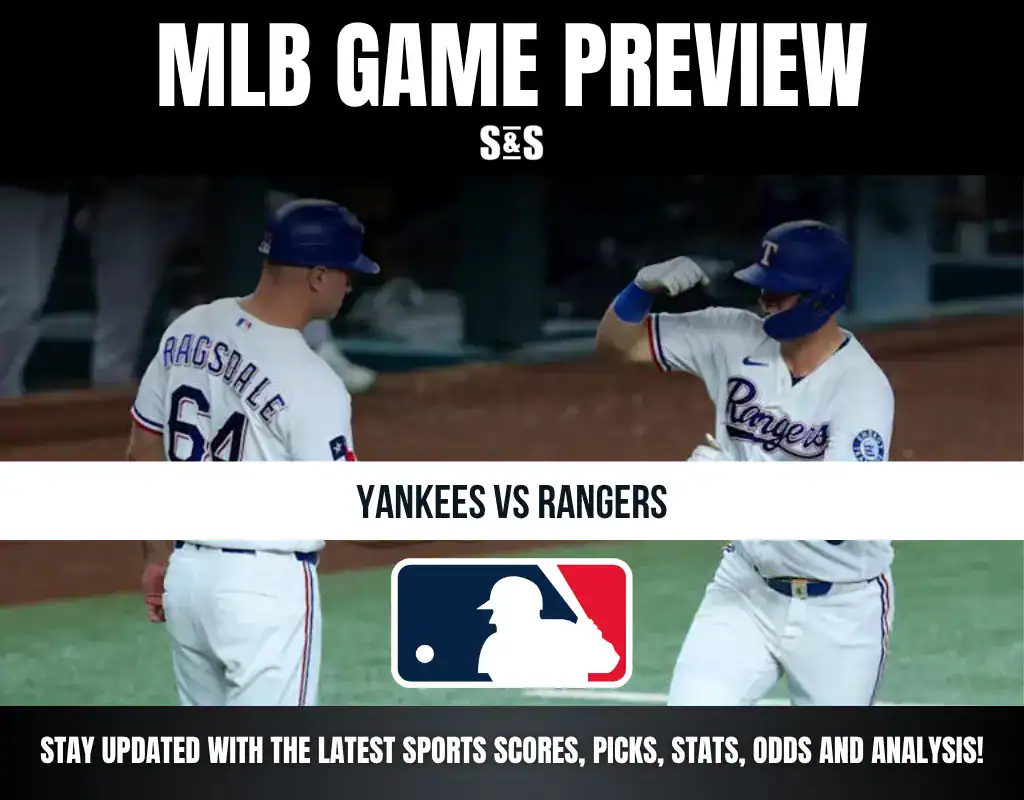 MLB Game Preview for Yankees vs Rangers with a logo of Major League Baseball at the bottom.