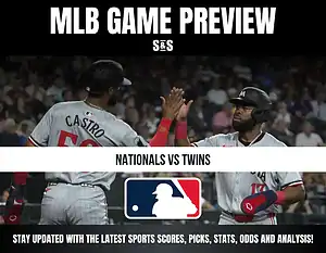 MLB Game Preview featuring two players from the Nationals giving a high-five, with text indicating a game between the Nationals and Twins.