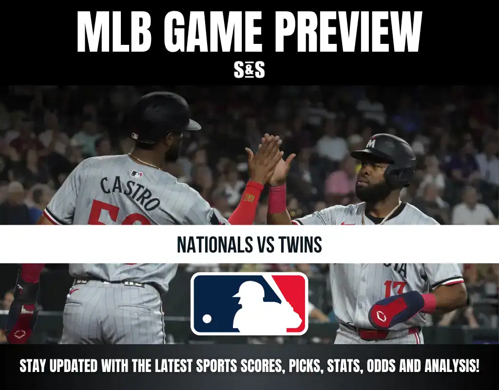 MLB Game Preview featuring two players from the Nationals giving a high-five, with text indicating a game between the Nationals and Twins.
