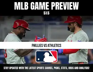 MLB game preview graphic featuring the text "Phillies vs Athletics" and both teams' logos. Two players are seen celebrating or interacting.