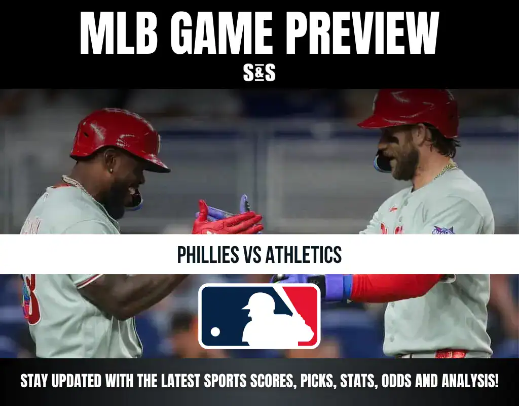 MLB game preview graphic featuring the text "Phillies vs Athletics" and both teams' logos. Two players are seen celebrating or interacting.