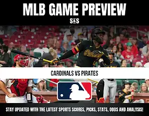 MLB Game Preview featuring a matchup between the Cardinals and Pirates, with promotional text to stay updated on sports scores, picks, stats, odds, and analysis.