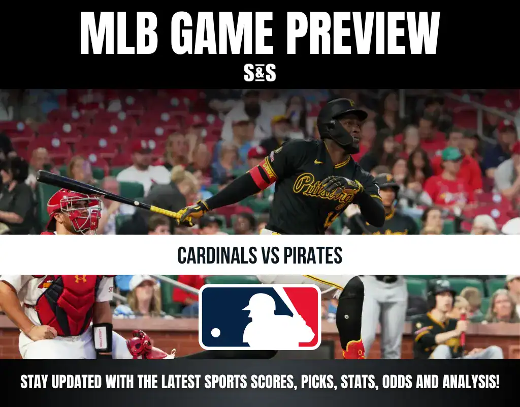 MLB Game Preview featuring a matchup between the Cardinals and Pirates, with promotional text to stay updated on sports scores, picks, stats, odds, and analysis.