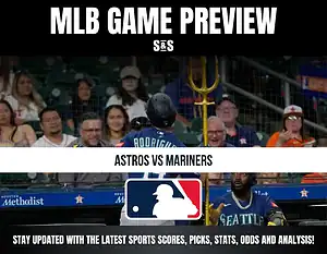 MLB Game Preview featuring Astros vs Mariners with a background image of players and fans in the stands.