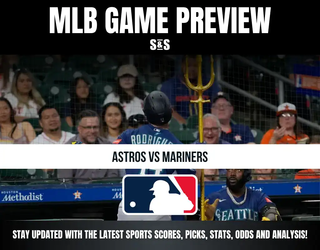 MLB Game Preview featuring Astros vs Mariners with a background image of players and fans in the stands.