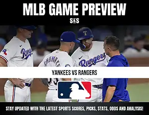 MLB Game Preview graphic featuring "Yankees vs Rangers" with images of players and coaches discussing in a baseball setting.