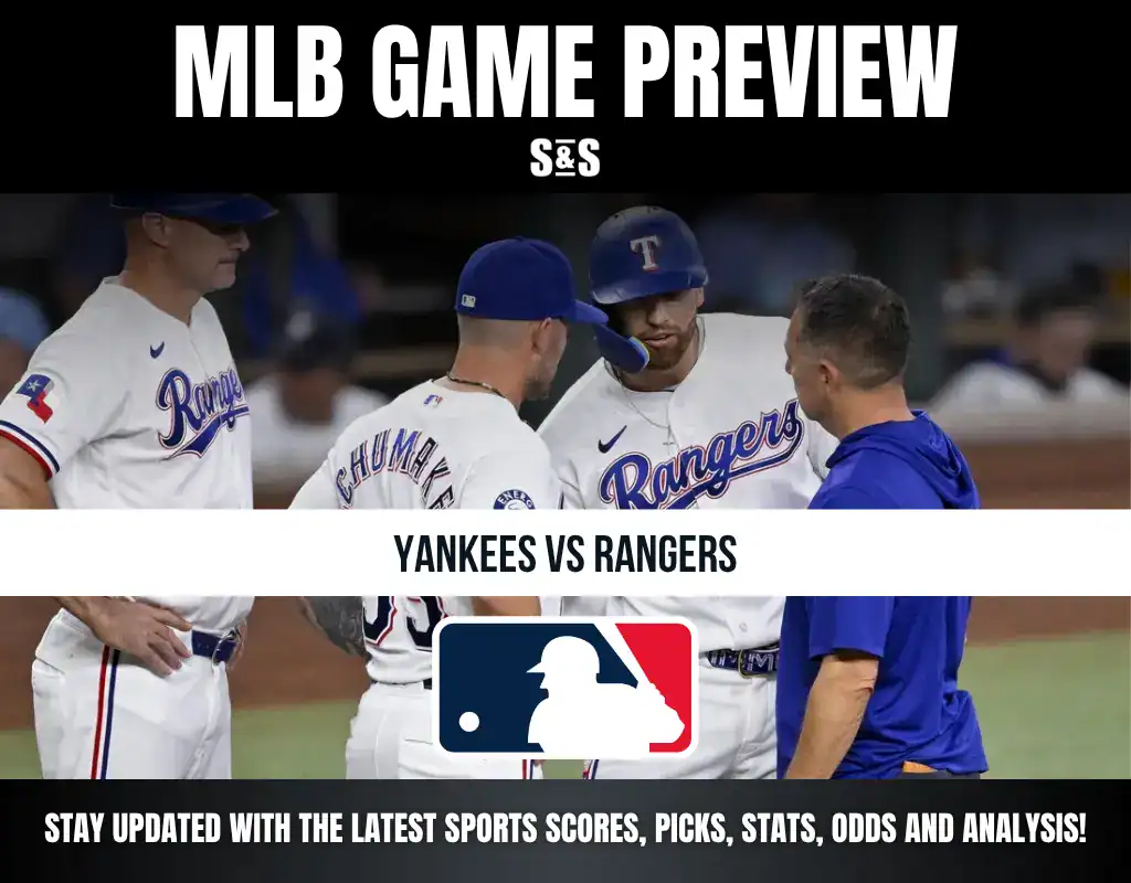 MLB Game Preview graphic featuring "Yankees vs Rangers" with images of players and coaches discussing in a baseball setting.