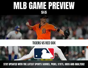MLB Game Preview featuring a player in an orange uniform for the Tigers, with the matchup between the Tigers and Red Sox.