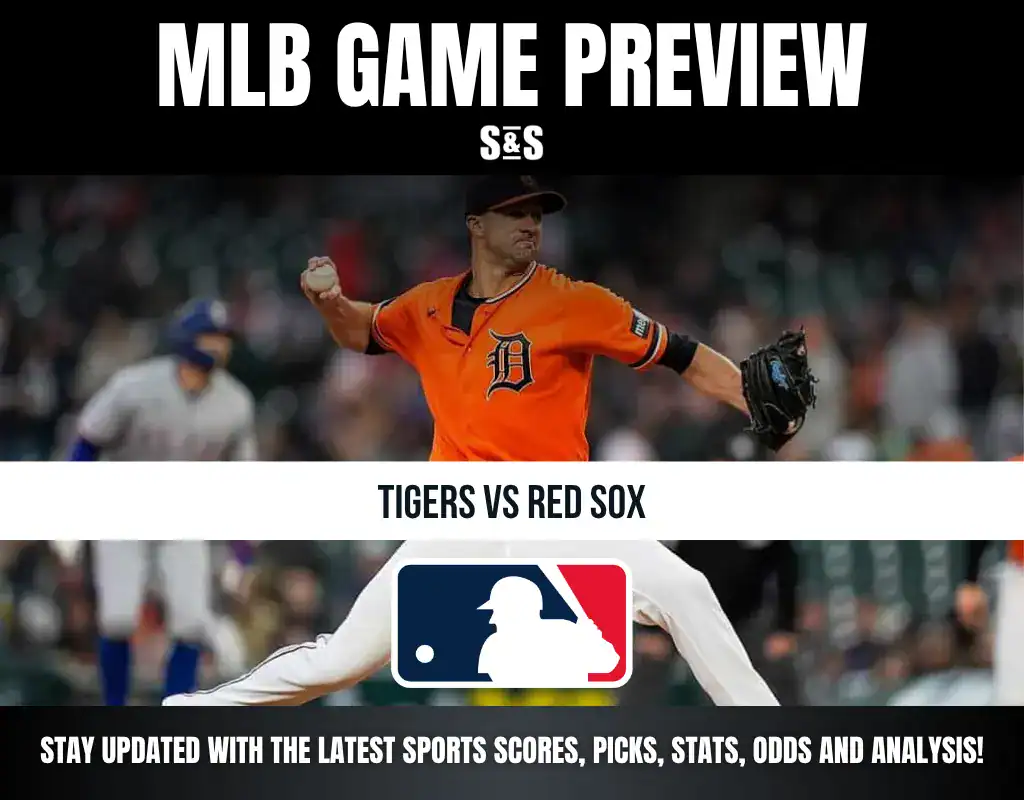 MLB Game Preview featuring a player in an orange uniform for the Tigers, with the matchup between the Tigers and Red Sox.