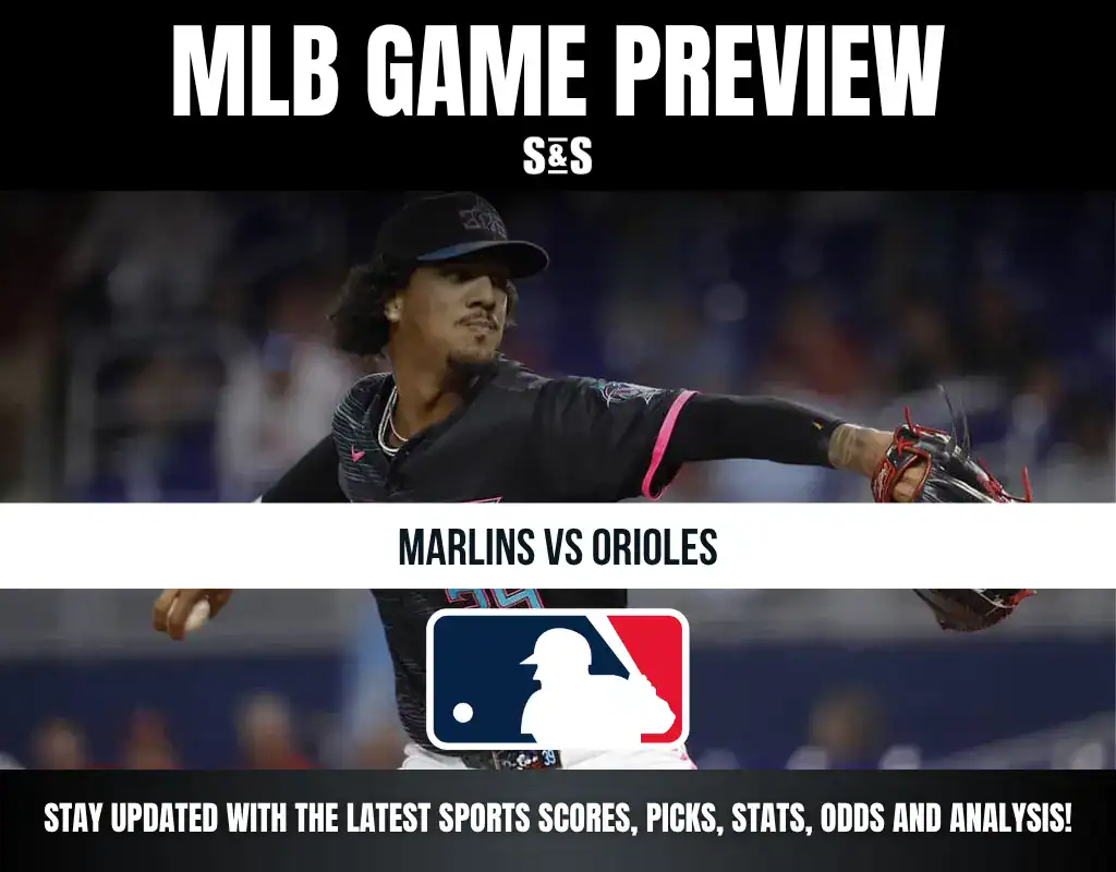 MLB Game Preview graphic featuring Marlins vs Orioles, with a player throwing a pitch and the MLB logo at the bottom.
