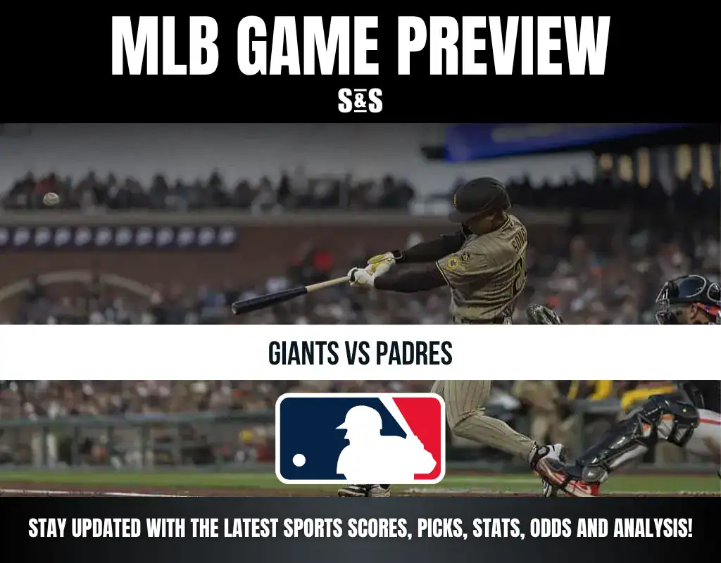 MLB game preview featuring a matchup between the Giants and Padres. A player is swinging a bat, with the MLB logo and promotional text below.