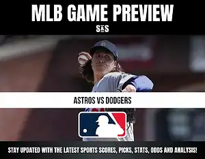 MLB Game Preview for Astros vs Dodgers with a notification to stay updated on sports scores, picks, stats, odds, and analysis.